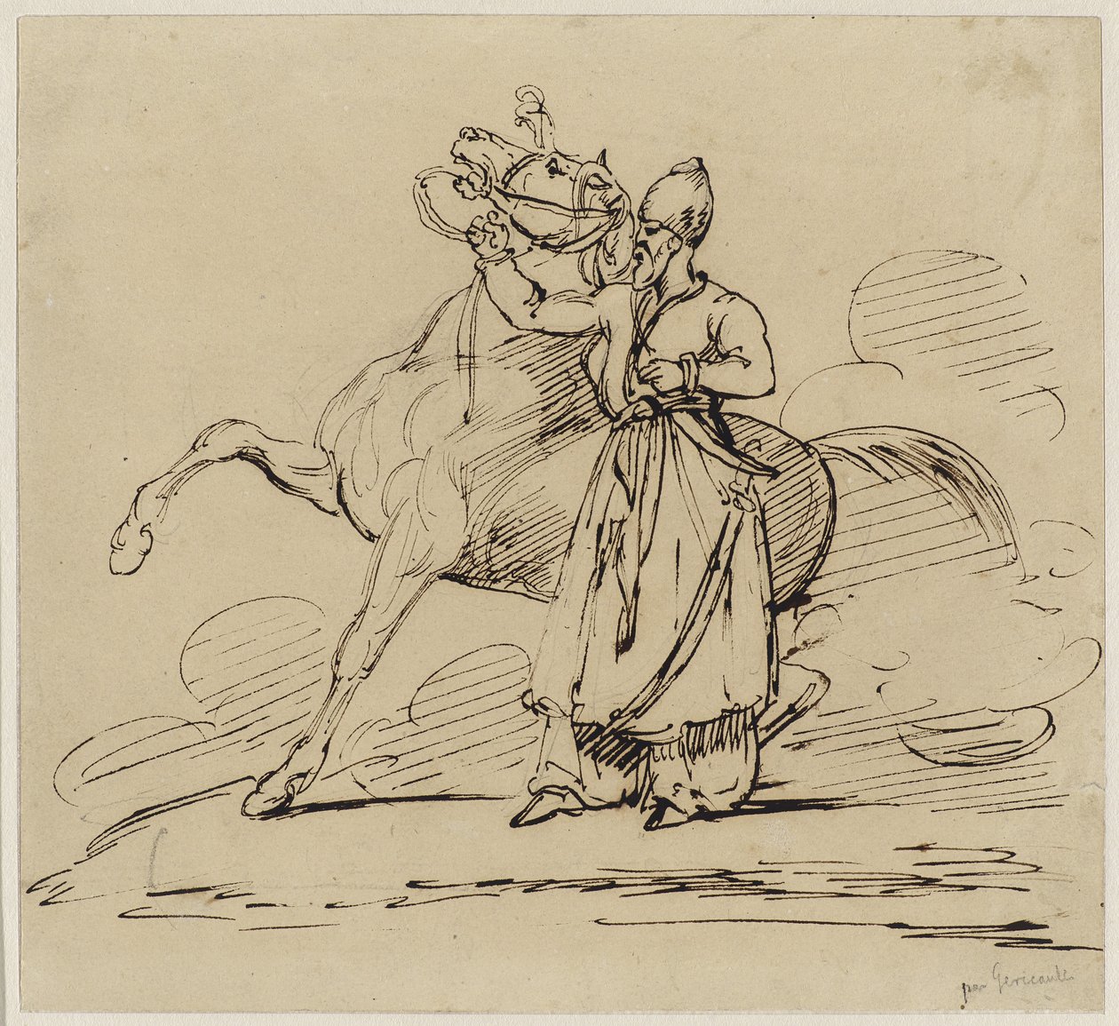 Persan tenant un cheval (Persian Holding a Horse), c.1817-22 (penna & brunt bläck med spår av grafit på vävt papper) av Theodore Gericault