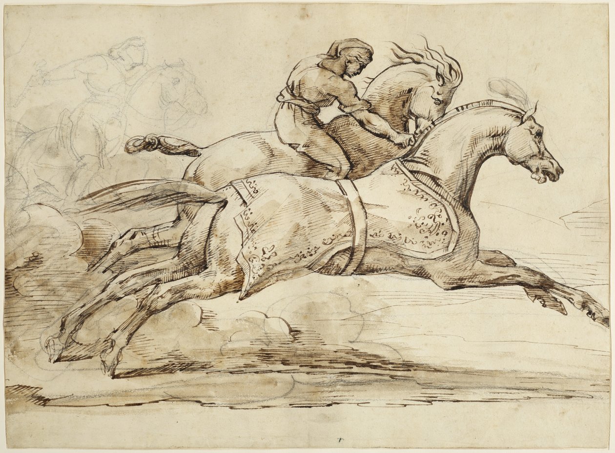 Scen från Barberihästarnas lopp (brunt bläck och grafit på laggt papper fodrat med vävnad) av Theodore Gericault
