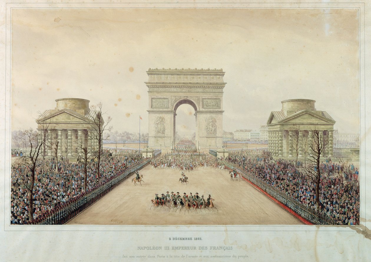 Napoleon III:s intåg i Paris, genom Triumfbågen, den 2 december 1852 (wc och gravyr) av Theodore Jung