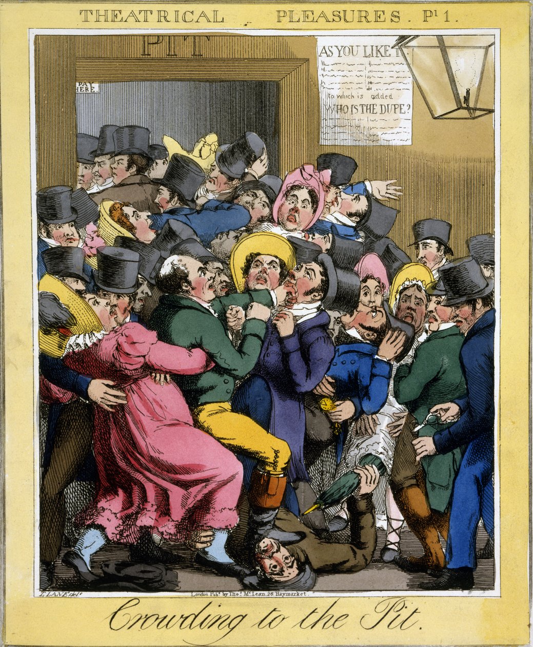 Crowding to the Pit, tavla 1 från Theatrical Pleasures, pub. Thos. McLean, London, 1821 (handfärgad gravyr) av Theodore Lane