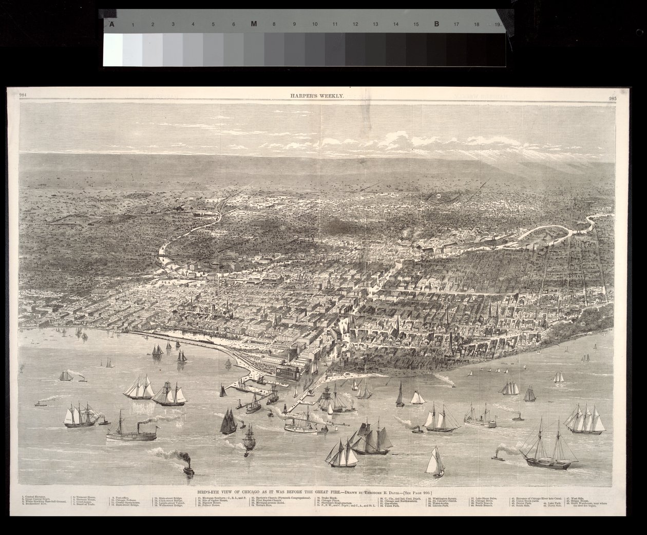 Fågelperspektiv över Chicago som det var före den stora branden 1871 av Theodore Russell Davis