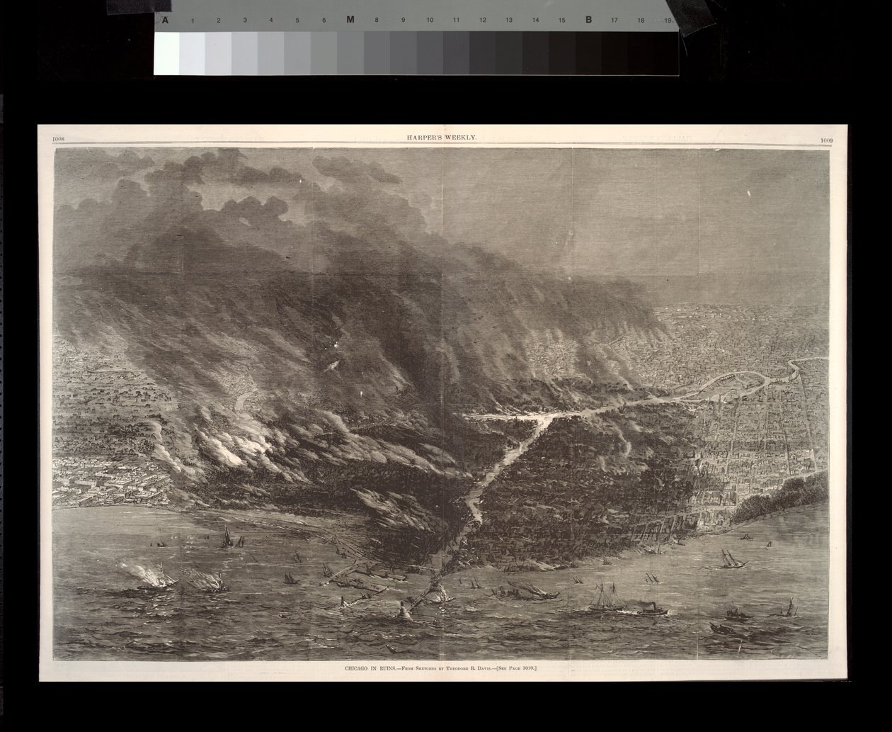 Chicago in Ruins, illustration från Harpers Weekly, 1871 av Theodore Russell Davis