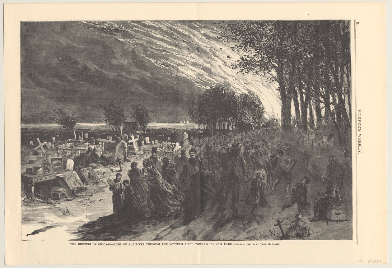 The Burning of Chicago - rusning av flyktingar genom keramikerfältet mot Lincoln Park, illustration från Harpers Weekly, 1871 av Theodore Russell Davis