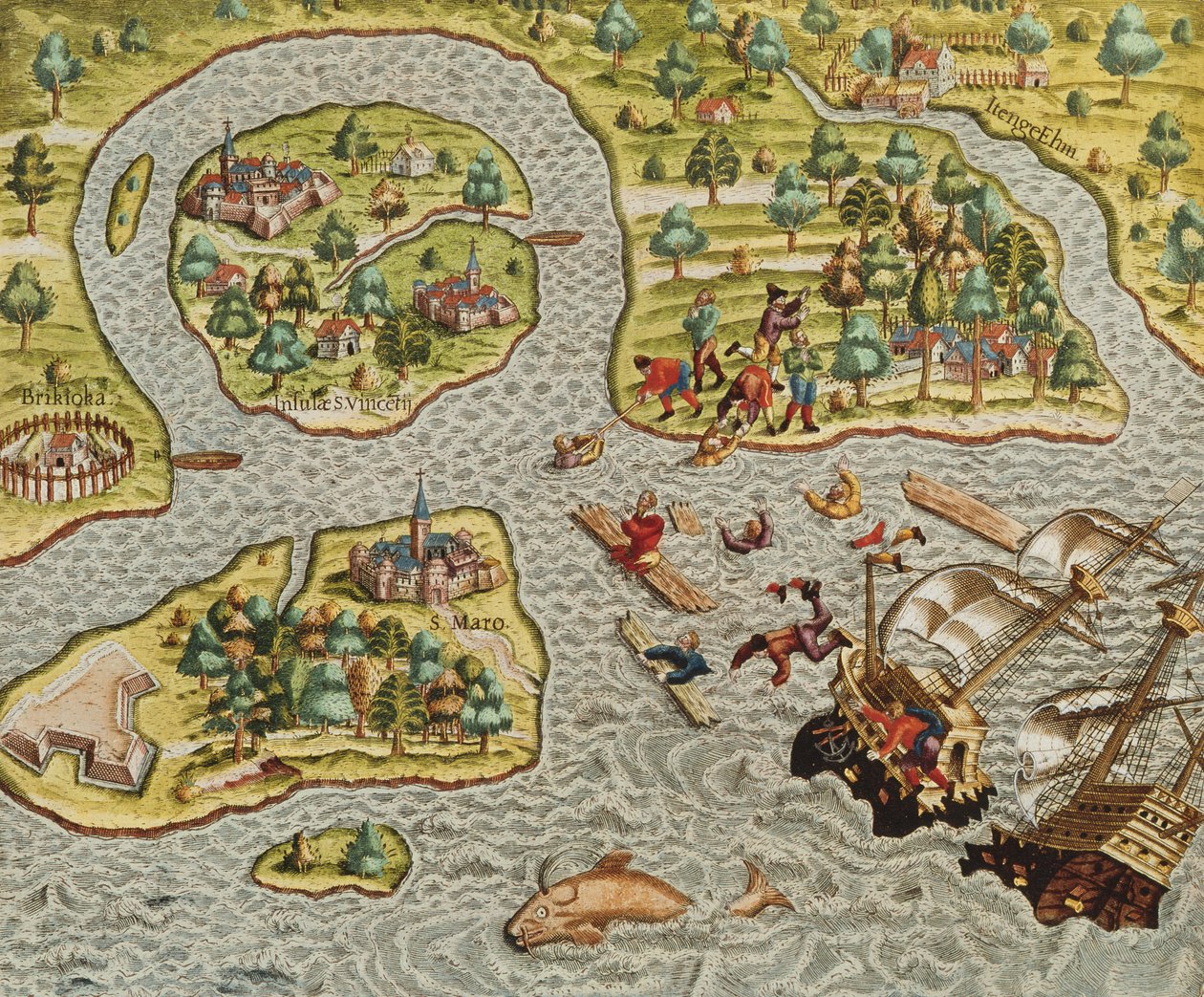 Ett skeppsvrak utanför en barbarisk kust, från Americae Tertia Pars.., 1562 av Theodore de Bry