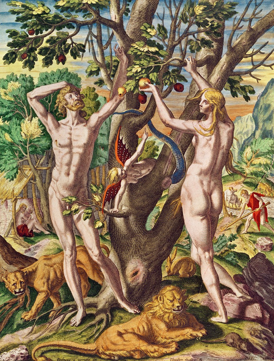 Admiranta Narratio.... Adam och Eva (sida 40), 1585-1588 (färggravyr) av Theodore de Bry