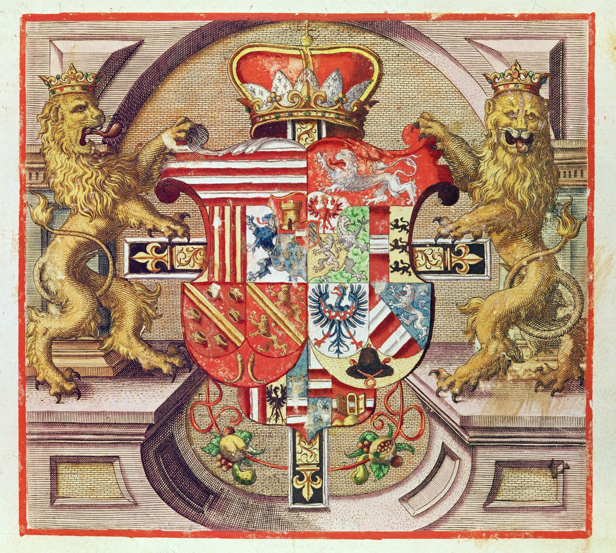 Admiranta Narratio..., Armorial gravyr (sida 3), 1585-1588 (färggravyr) av Theodore de Bry
