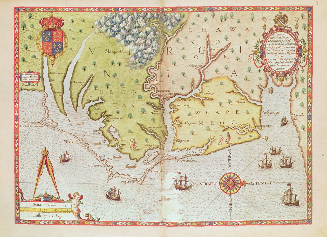 Admiranta Narratio... Karta över Virginia (sidan 44-45), 1585-1588 (färggravyr) av Theodore de Bry