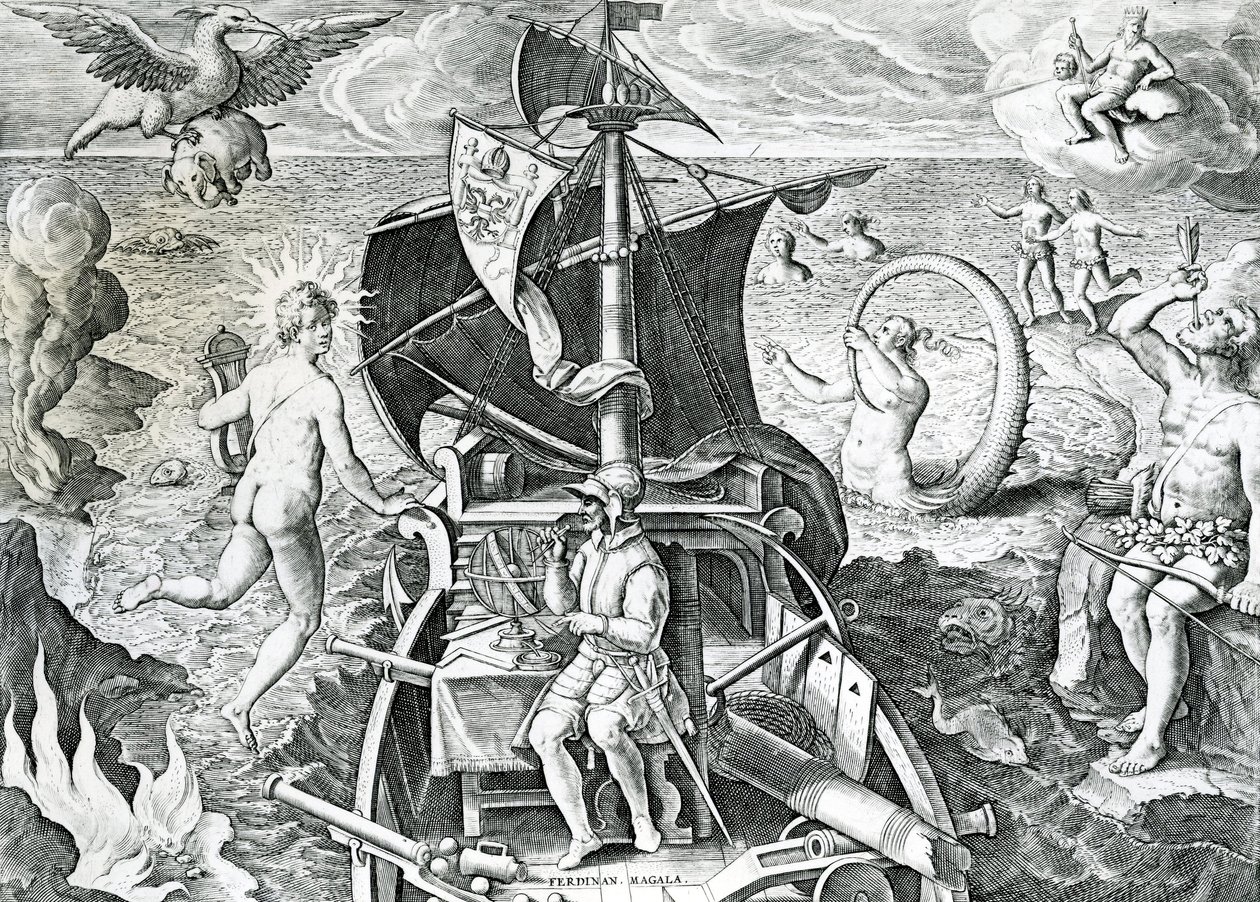 Allegori om Ferdinand Magellans resor (1480-1521), av Theodor de Bry (1528-1598), 1500-talet av Theodore de Bry