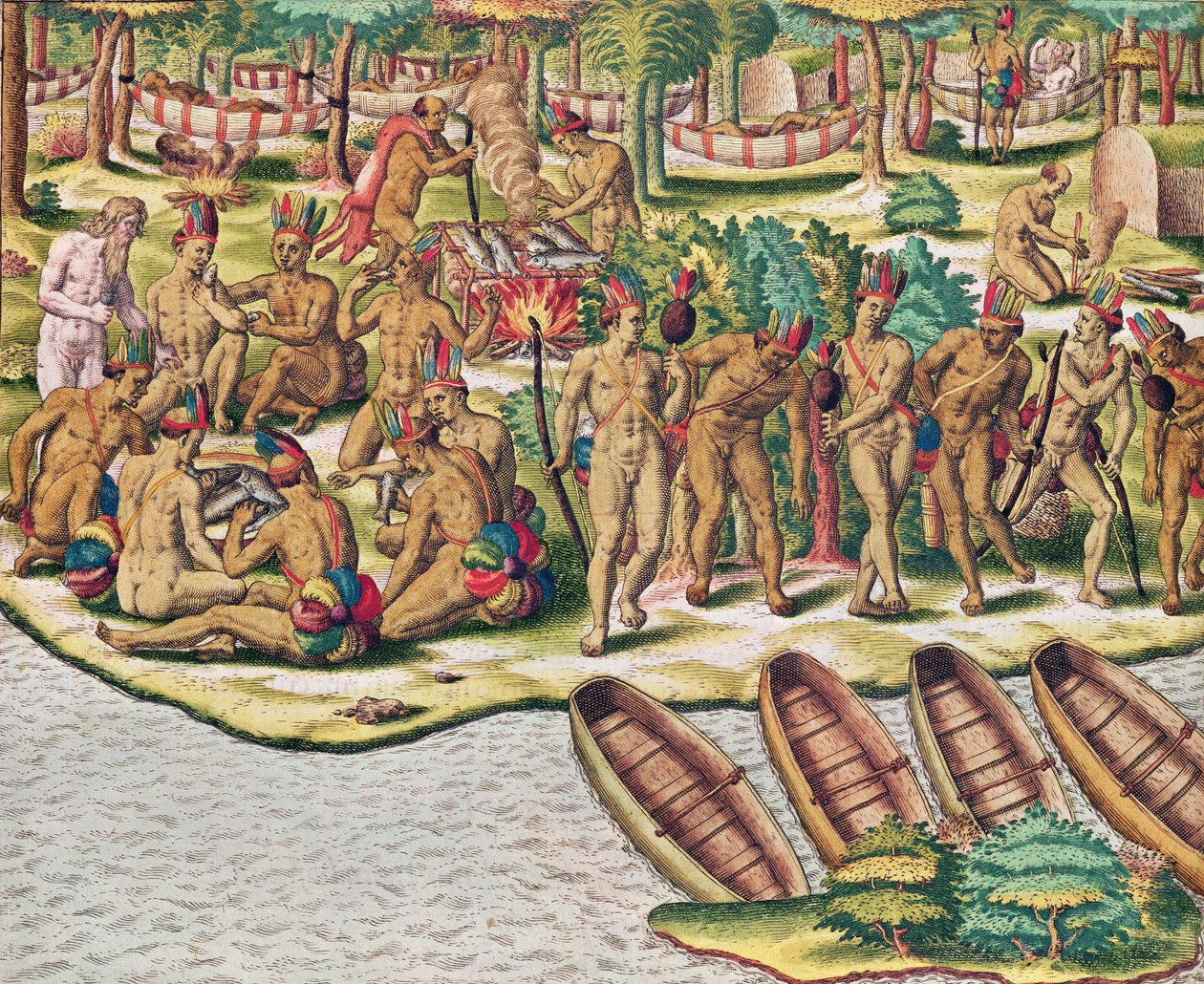 Americae Tertia Pars, Överläggning inför en expedition mot fienderna (sidan 432), 1563 (färggravyr) av Theodore de Bry