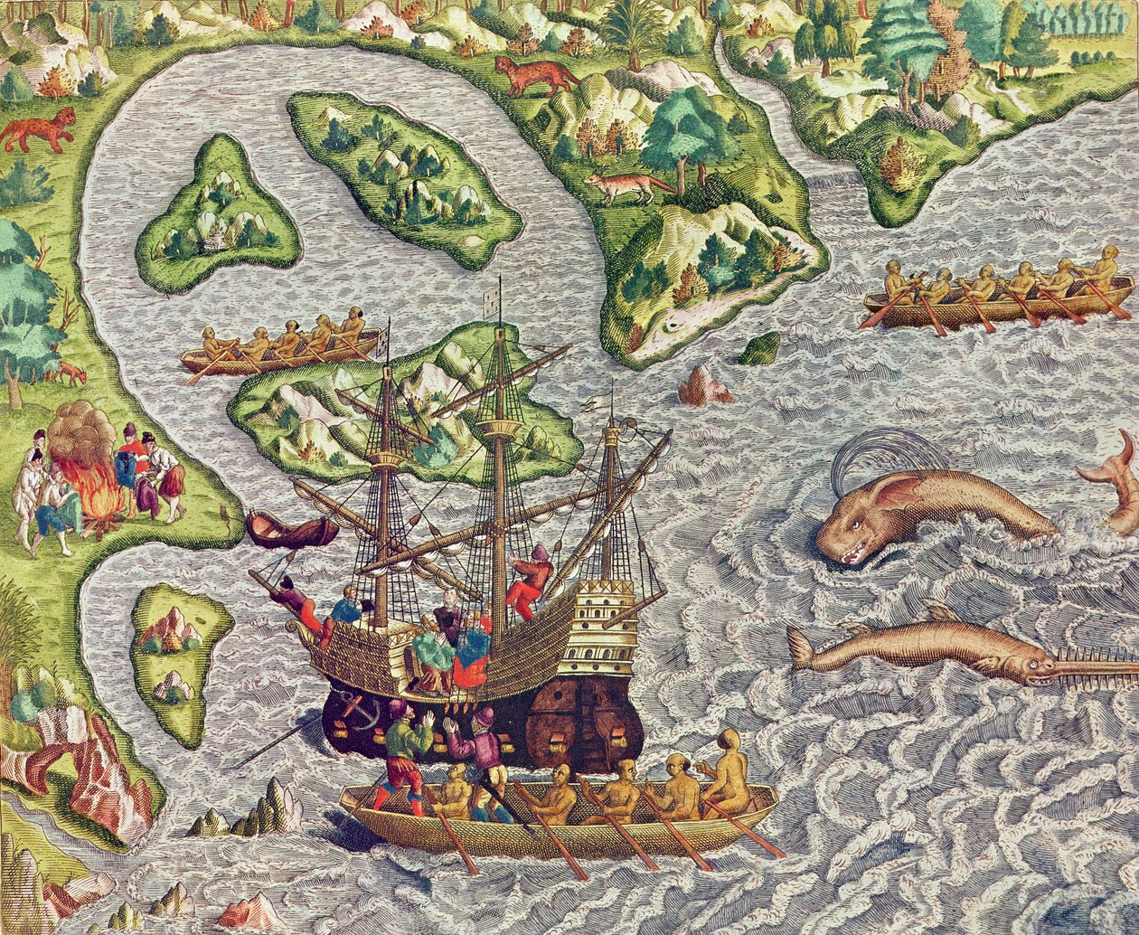 Americae Tertia Pars, ombord på vårt skepp med hjälp av en barbarisk båt med hjälp av en barbarisk båt (sidan 333), 1562 (färggravyr) av Theodore de Bry