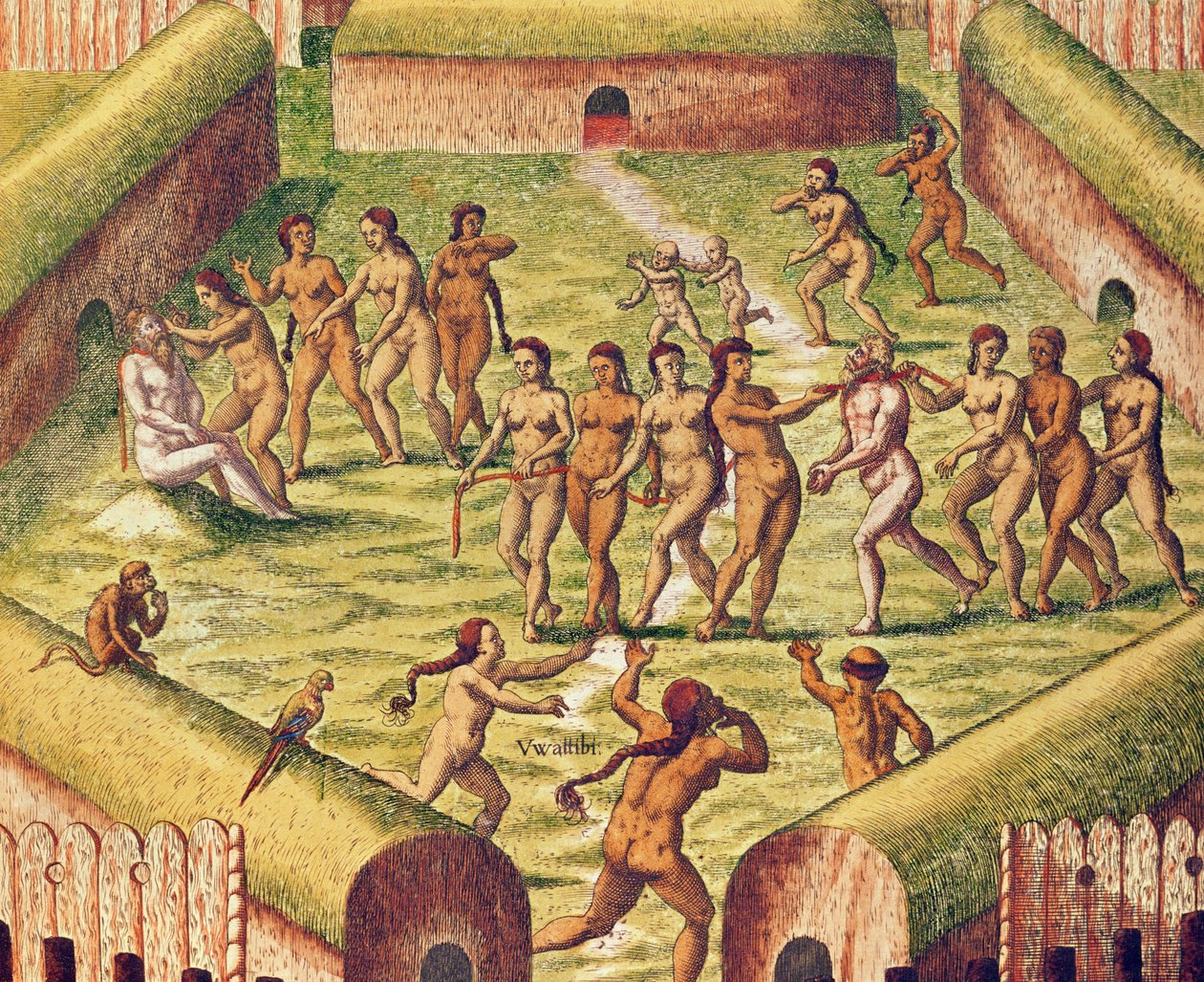 Americae Tertia Pars, fången i mitten av en indiansk by (sidan 353), 1562 (färggravyr) av Theodore de Bry