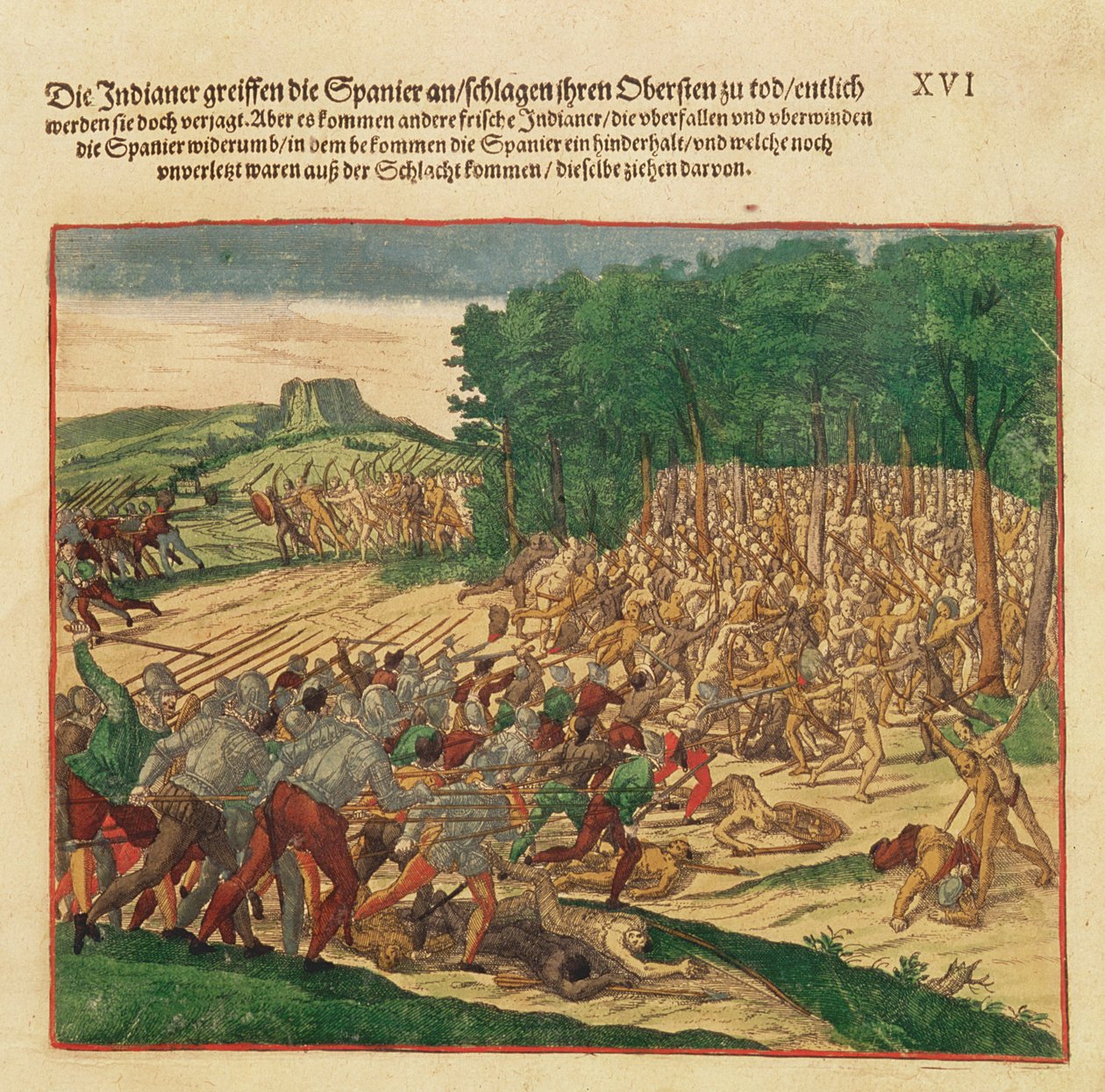 Strid mellan indianerna och spanjorerna där den spanske översten misshandlades till döds av Theodore de Bry