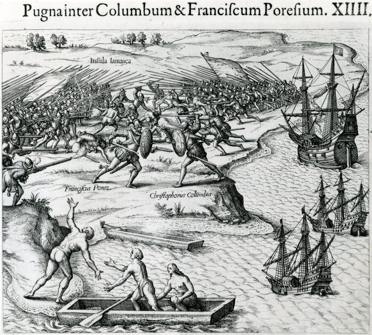 Slaget på Jamaica mellan Christopher Columbus (1451-1506) och Francisco Poraz, 1504, från 