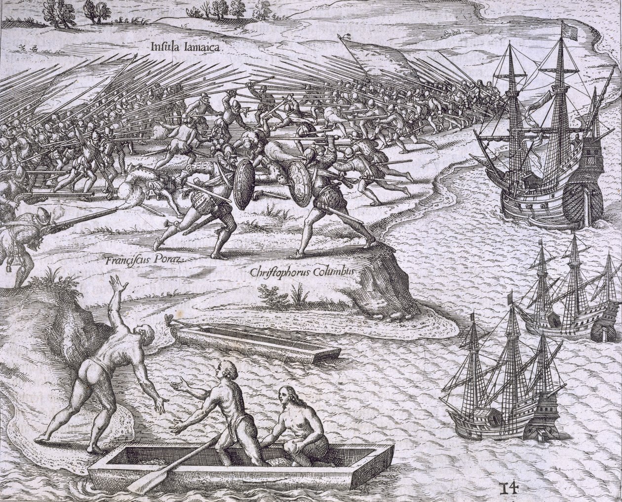 Slaget på Jamaica mellan Christopher Columbus (1451-1506) och Francisco Poraz, 1504, från "Mewe Welt und Americanische Historien" av Johann Ludwig Gottfried, utgiven av Mattaeus Merian, Frankfurt, av Theodore de Bry