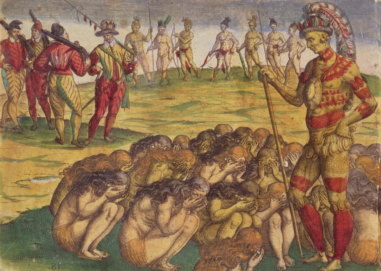 Tillfångatagandet av aztekerna av de spanska kolonisterna, bokillustration, c.1550 av Theodore de Bry