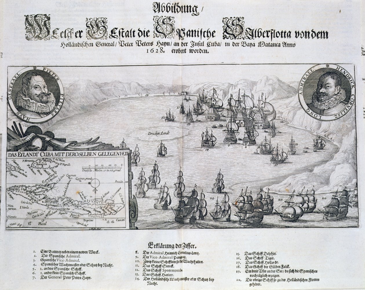 Holländarnas tillfångatagande av den spanska flottan under amiral Piet Heyn (1578-1629) utanför Matanzas, Kuba, 1628, från "Newe Welt und Americanische Historien" av Johann Ludwig Gottfried, utgiven av Mattaeus M av Theodore de Bry