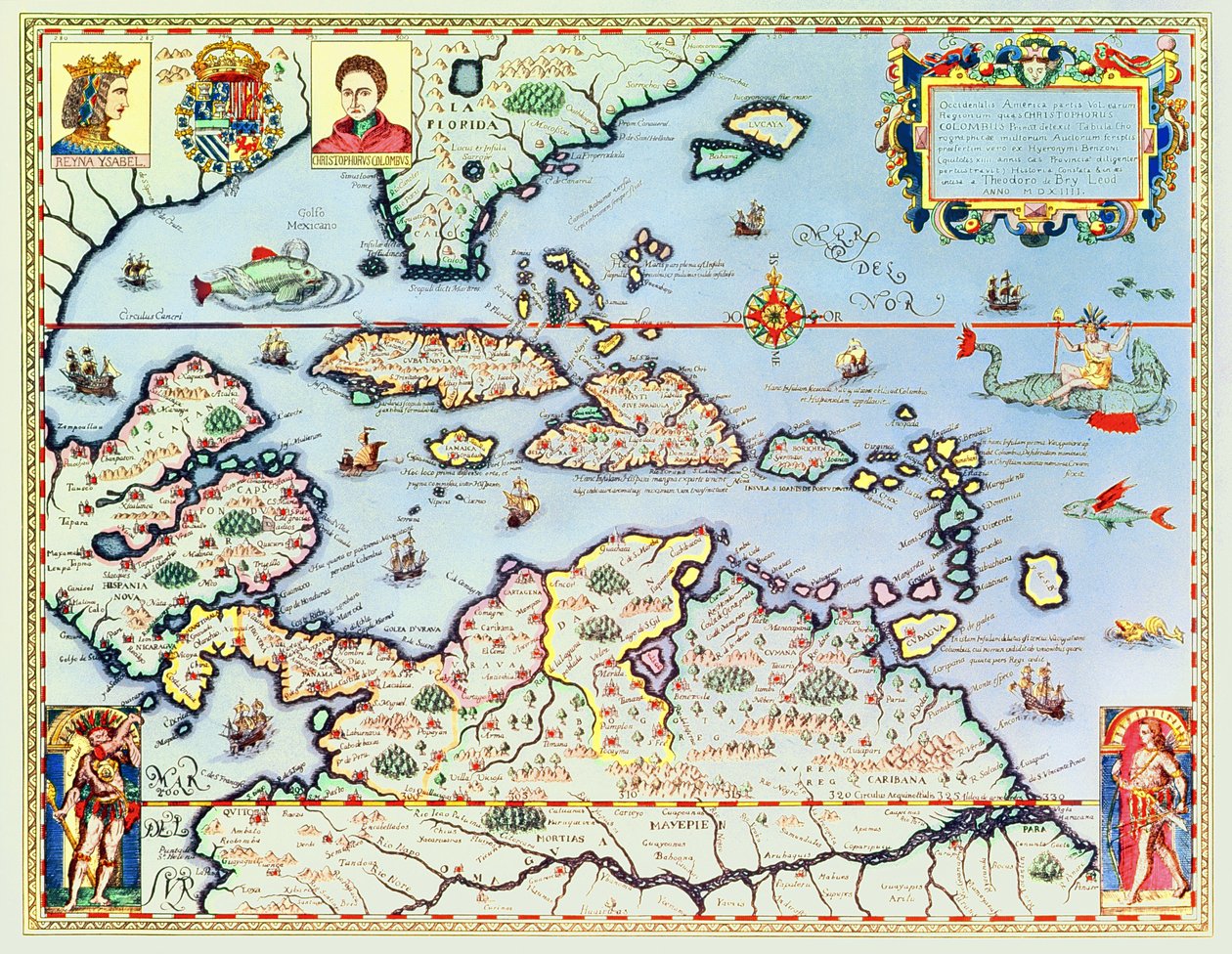 Karta över de karibiska öarna och den amerikanska delstaten Florida av Theodore de Bry