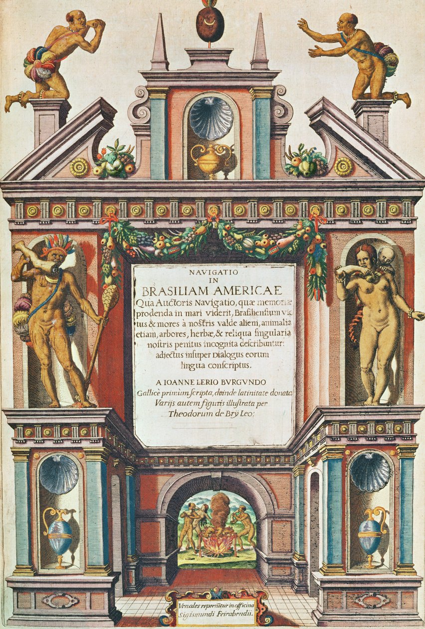 Navigering i det brasilianska Amerika. Frontispice (sida 447), 1563 (färggravyr) av Theodore de Bry