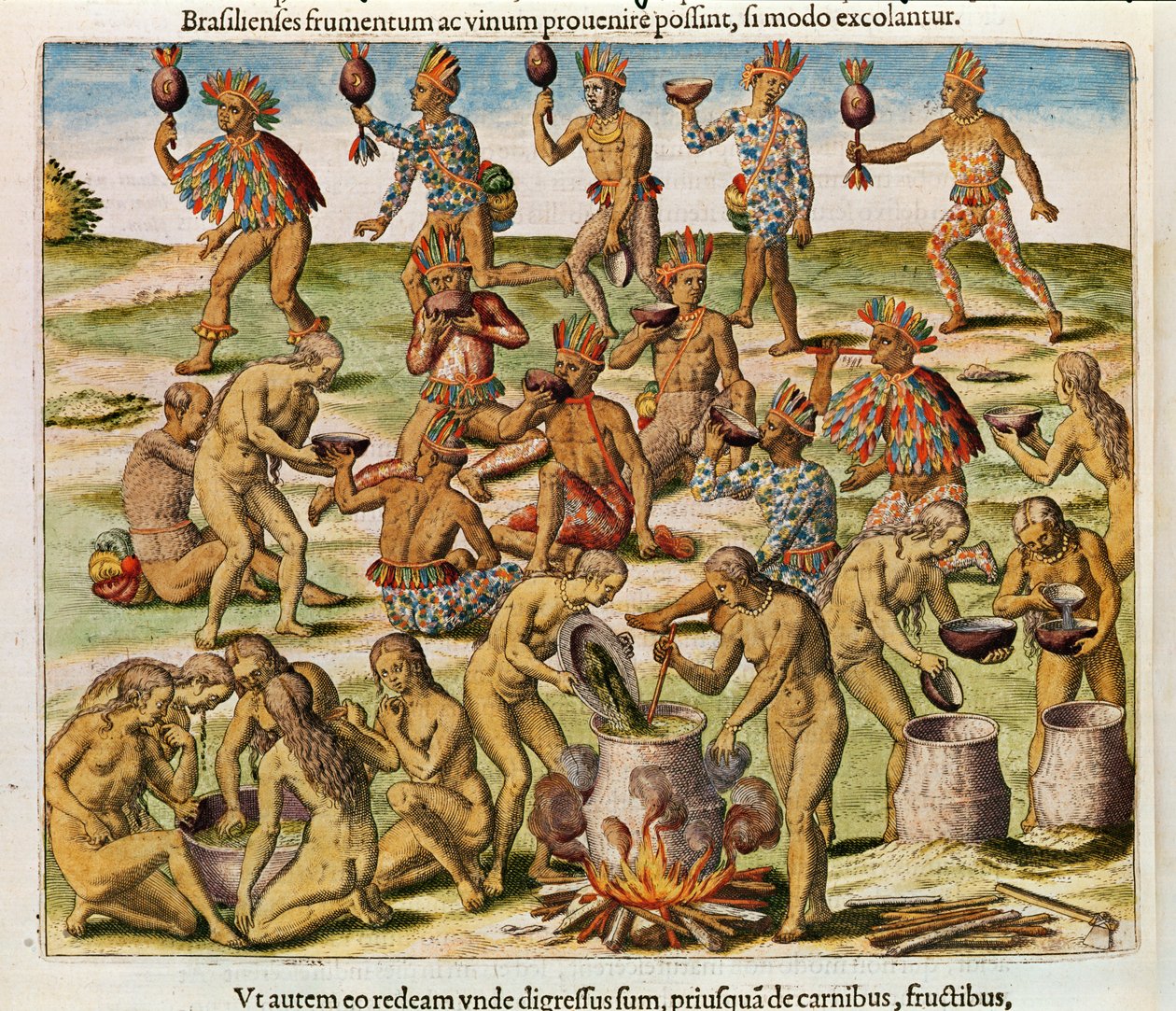 Navigation i det brasilianska Amerika, Beredning av en dryck gjord av majs och vete (sida 486), 1563 (färggravyr) av Theodore de Bry
