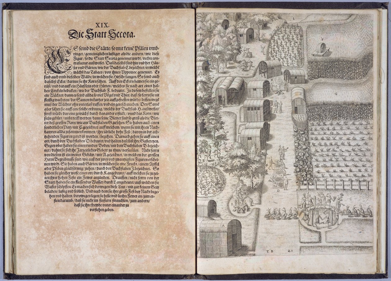 Sida XIX med Secota Village, från "En kortfattad och sann rapport om det nyfunna landet Virginia, Grand Voyages", tryckt av Johann Wechel år 1600 av Theodore de Bry