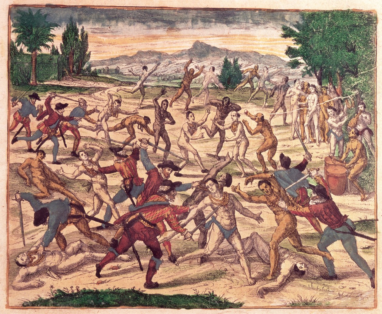 Pedro de Alvarado och hans soldater massakrerar aztekerna, ca 1520 av Theodore de Bry