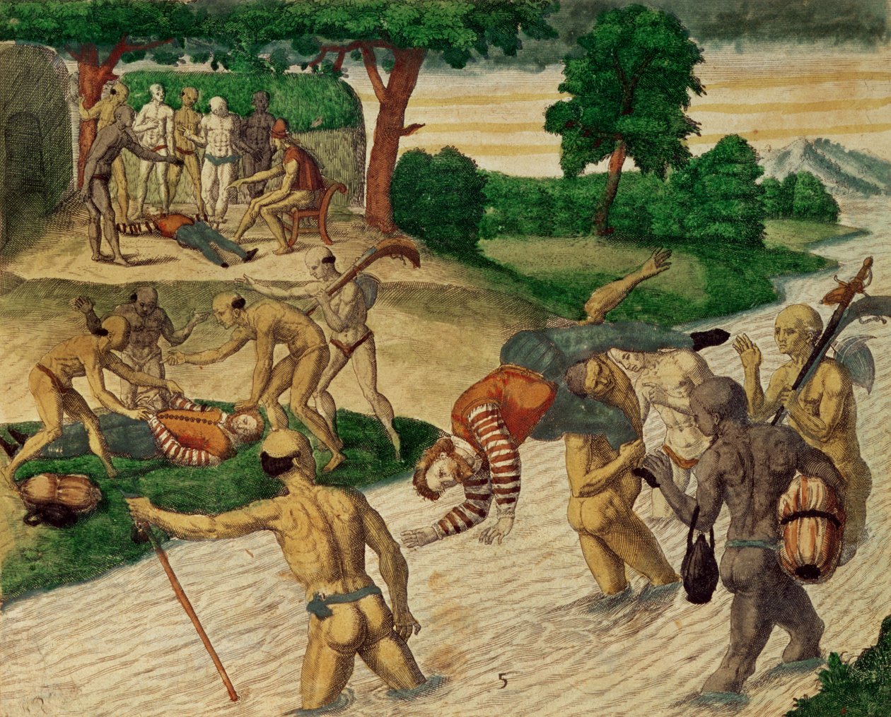 Sydamerikanska indianer drunknar spanjorer för att se om de är odödliga av Theodore de Bry