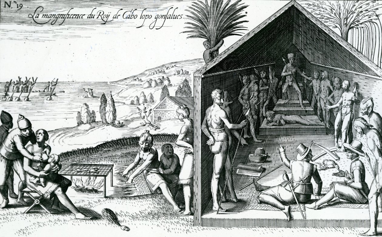 Kungen som tar emot europeiska besökare, Kap Lopez, Gabon, Afrika, 1500-talet av Theodore de Bry