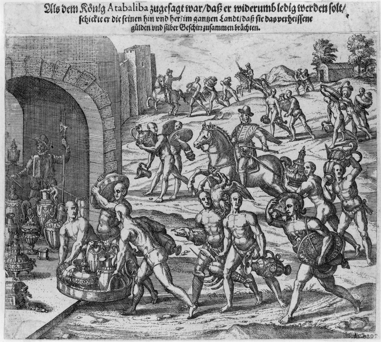 Lösen som kung Atahualpa (ca 1502-33) erbjöd Francisco Pizarro, 1533 av Theodore de Bry