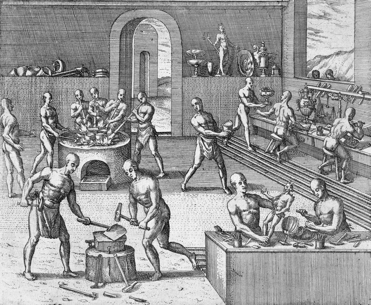 Atahualpas guldsmeders verkstad i Quito, från en redogörelse av Girolamo Benzoni, från 