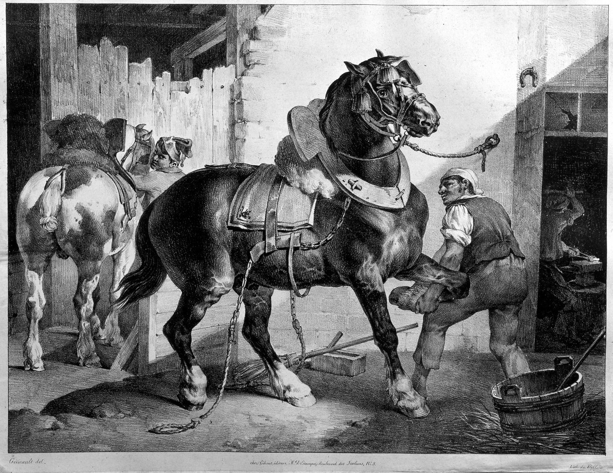 Montering av draghäst (litografi) av Theodore (after) Gericault