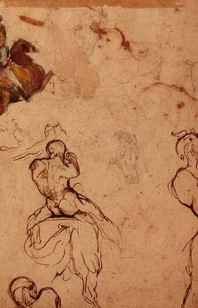 Studie av hästar och ryttare (penna, penna och brunt bläck och akvarell) av Theodore (attr. to) Gericault