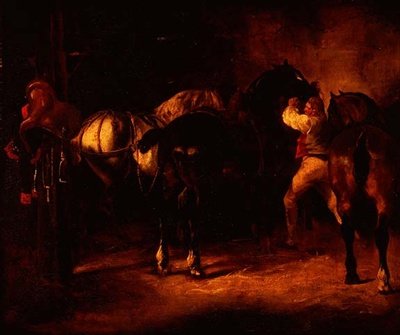 Tre hästar i ett stall av Theodore (attr. to) Gericault