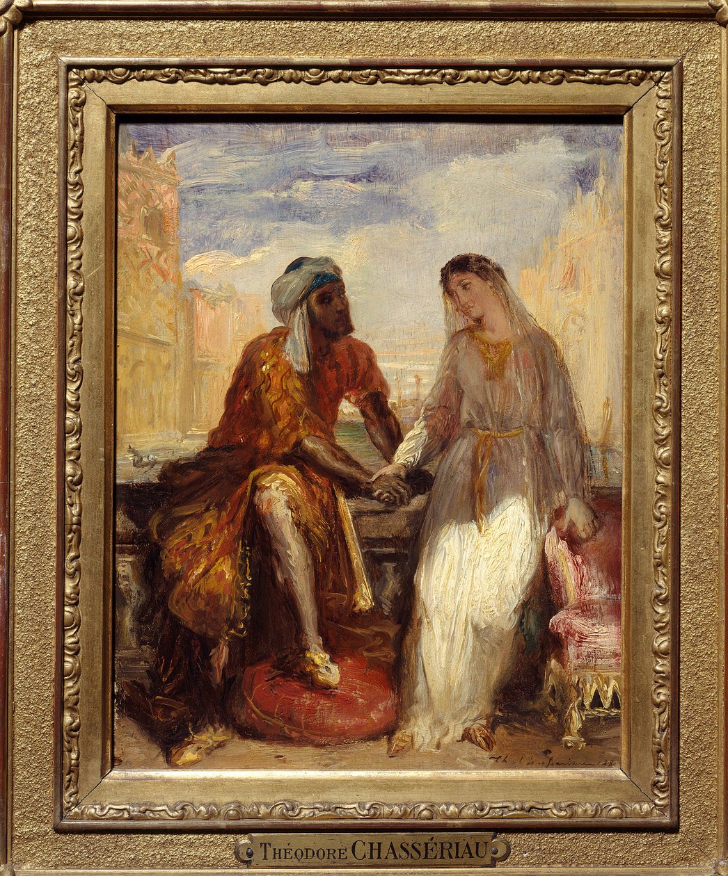 Othello och Desdemone i Venedig Illustration av akt I av tragedin "" Othello" av William Shakespeare (1564-1616). Målning av Theodore Chasseriau (1819-1856) 1850 sön. 0,25 X 0,20 Paris. Musee Du Louvre- Othello och Desdemona i Venedig, scen från Otel av Théodore Chassériau
