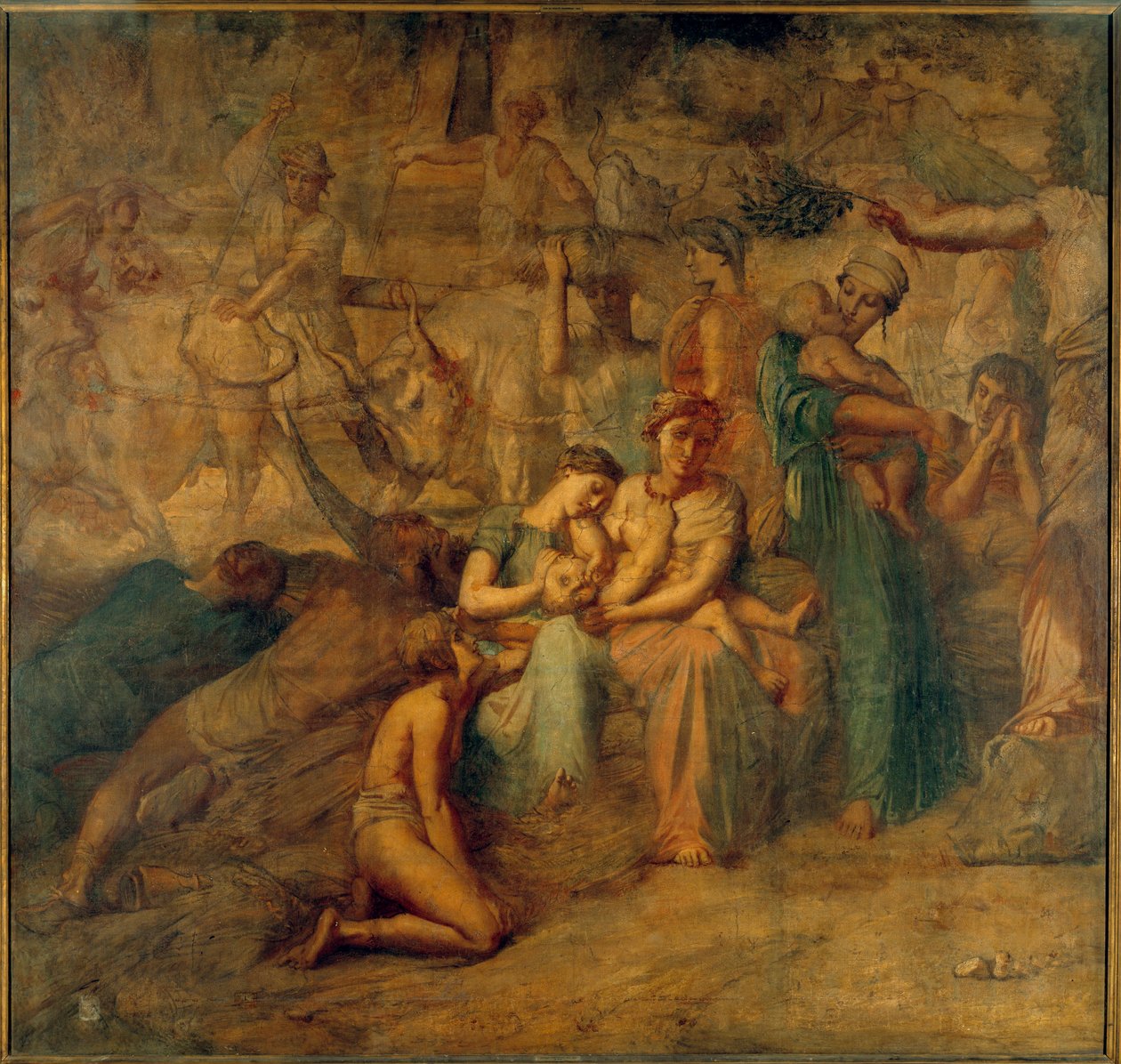 Fredsallegorisk framställning med mor och barn och flockar. Målning av Cour des comptes-trappan av Theodore Chasseriau (1819-1856) 1800-talets sön. 3,4x3,6 m av Théodore Chassériau