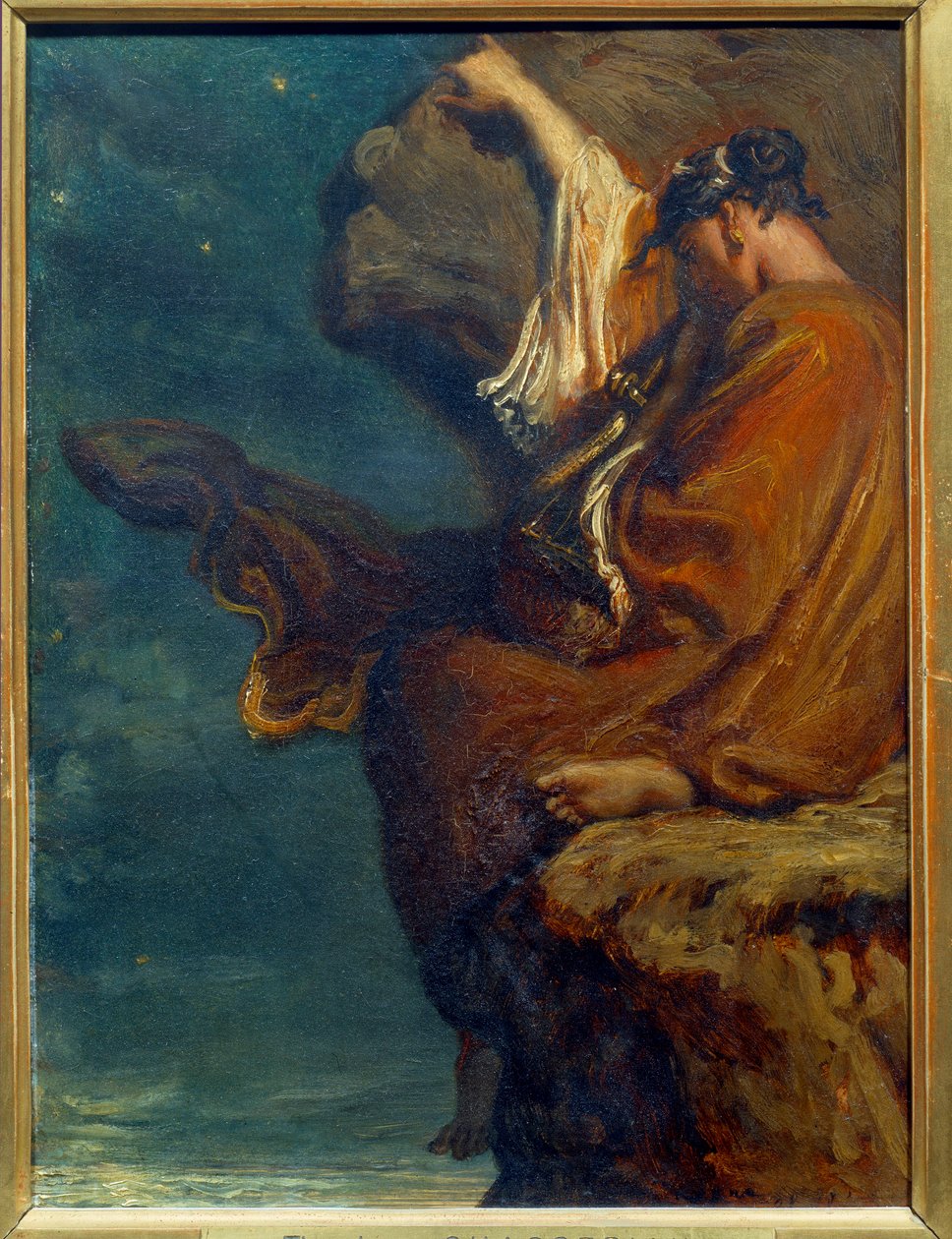 Sapho Den grekiska poetinnan Sapho (Sappho) (cirka 600 f.Kr.) sitter på en klippa och tittar på havet med melankoli. Målning av Theodore Chasseriau (1819-1856) 1849 sön. 0,27x0,21 m Paris, musee d