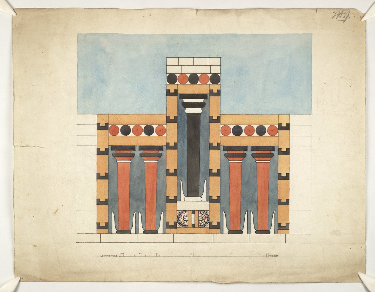 Målning som återföreställer den centrala trepartshelgedomen i centraldomstolen i Palace of Minos i Knossos (Evans Architectural Plans WW/15) av Theodore Fyfe
