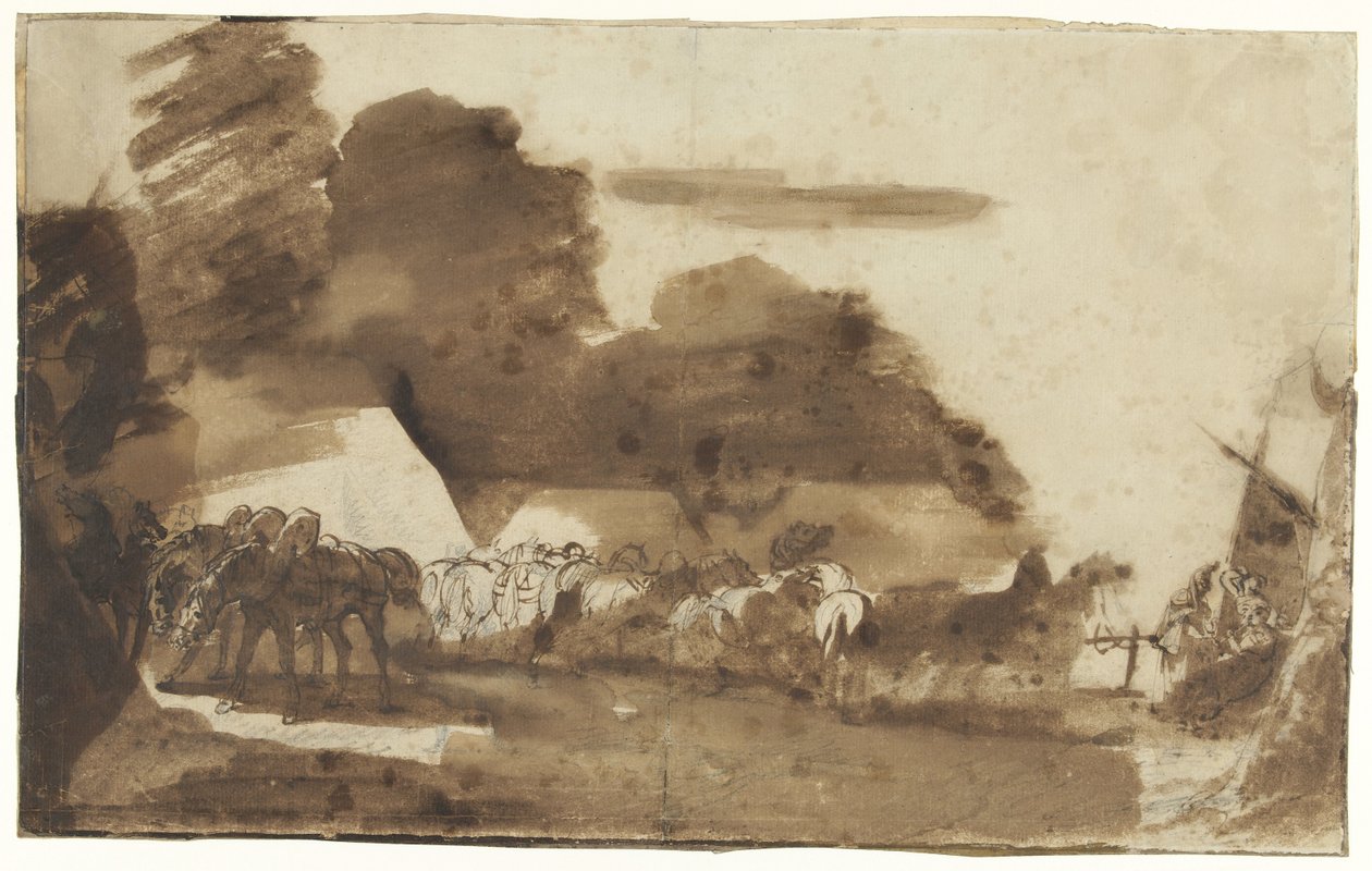 Bivack med hästar och soldater av Theodore Gericault
