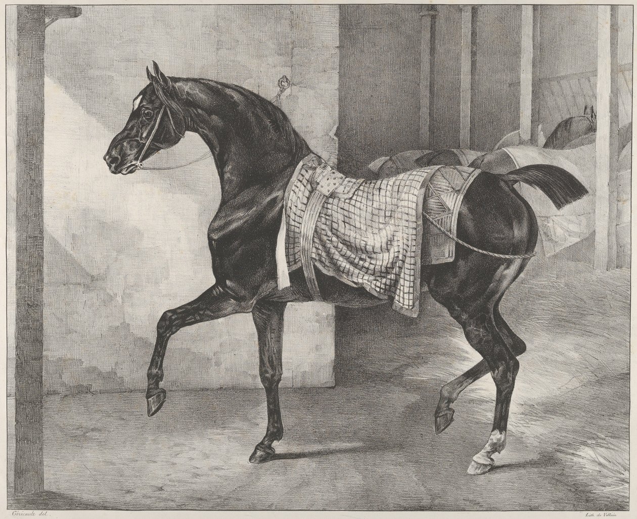 En svart häst bunden i ett stall av Theodore Gericault
