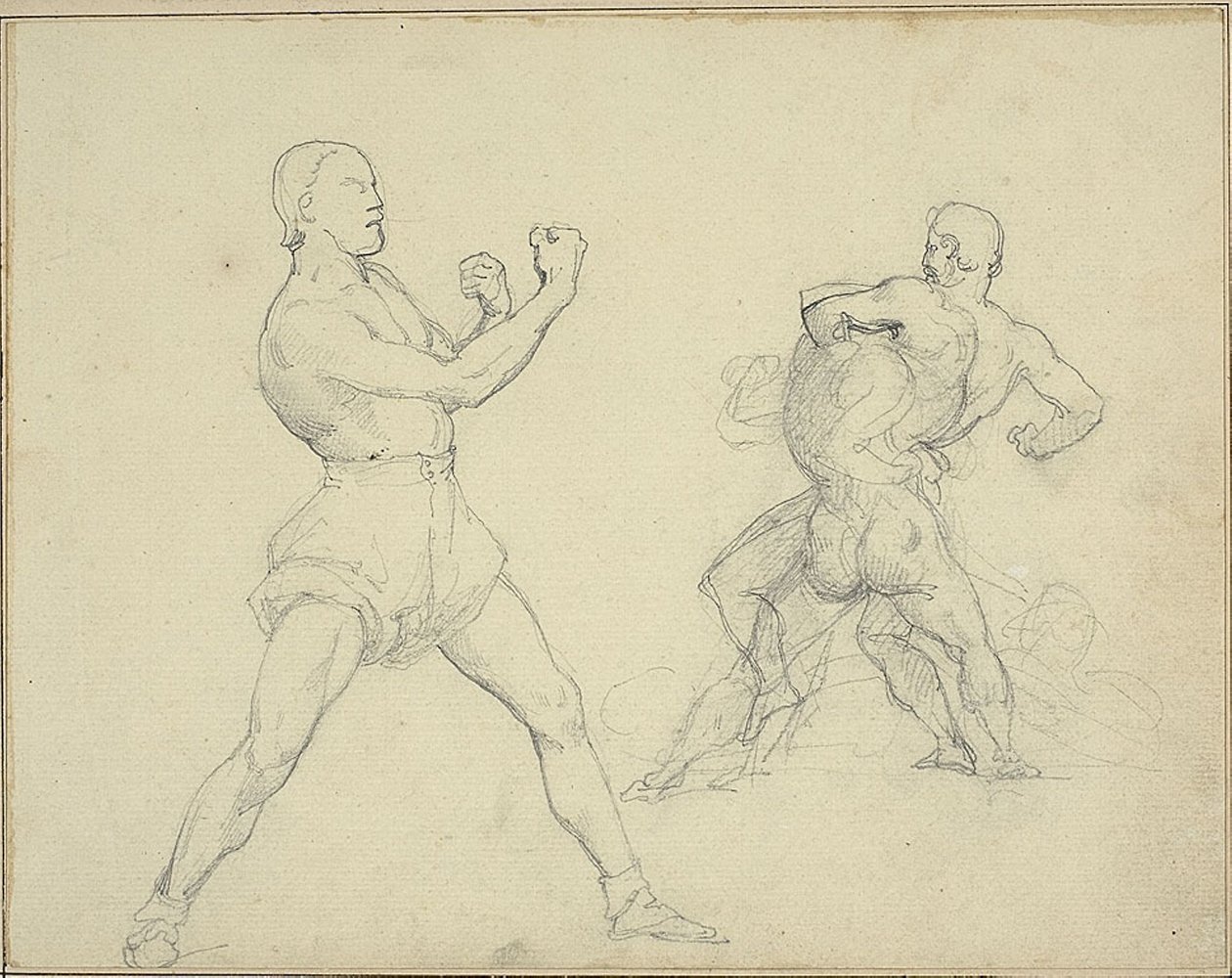 Boxare vänd mot höger och två män som brottas av Theodore Gericault