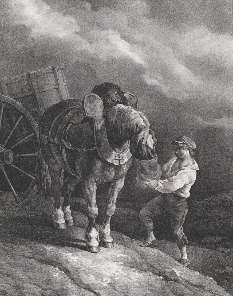 Pojke som matar en vagnhäst från en näspåse, 1822. av Theodore Gericault