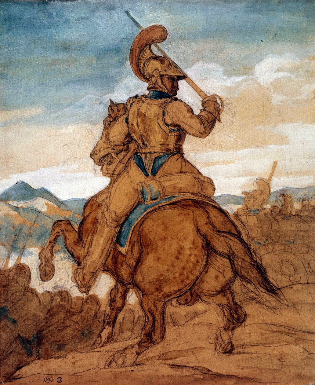 Carabinier eller cuirassier till häst Akvarell, gouache, tvätt av Theodore Gericault (1791-1824) 1800-tal sön. 0,25x0,22 m Paris, Louvren av Theodore Gericault