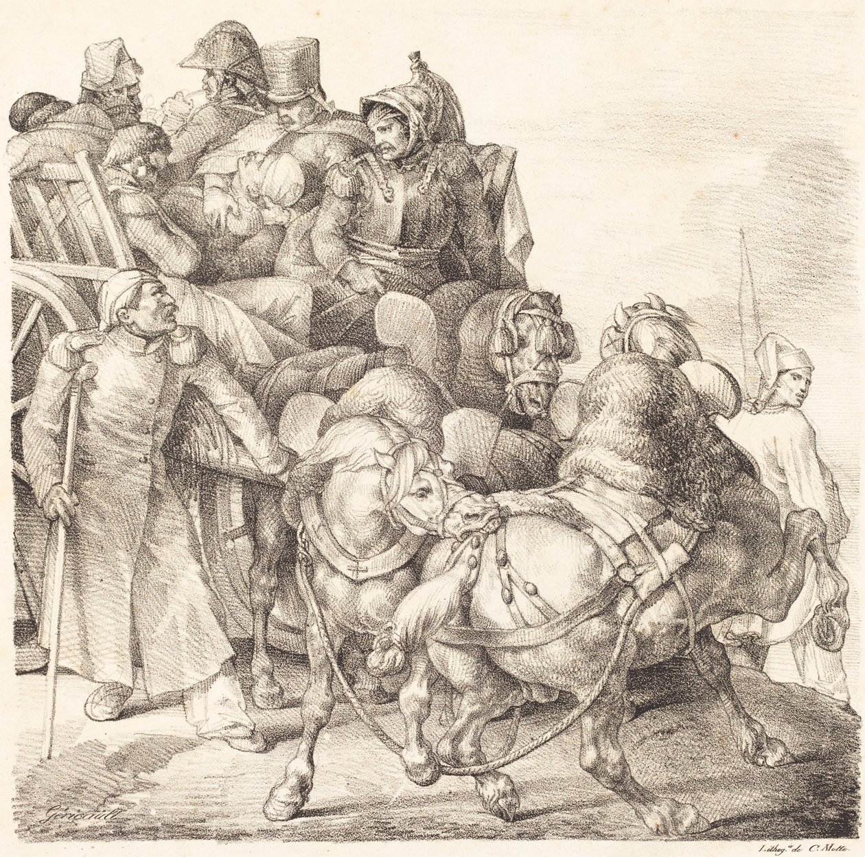 Vagn fylld med sårade soldater (Chariot charge de soldats blesses) av Theodore Gericault