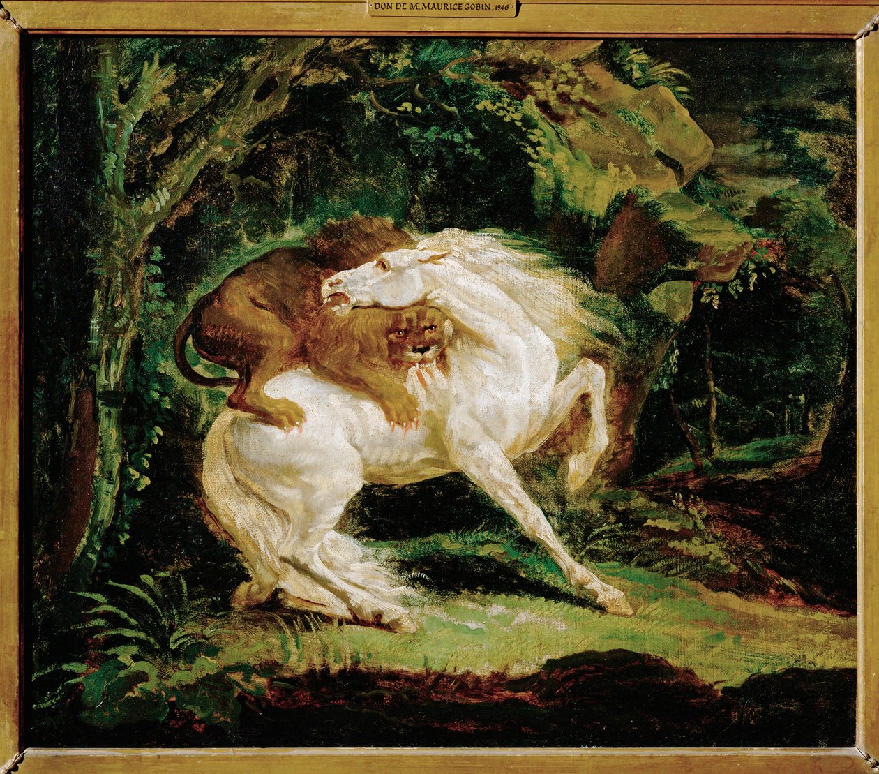 Cheval attaque par un lion - en häst attackerad av ett lejon, efter en etsning av Laurie och en målning av George Stubbs ... av Theodore Gericault