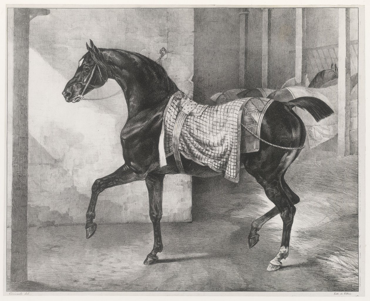 En svart häst bunden i ett stall (A Black Horse Tethered in a Stable) av Theodore Gericault