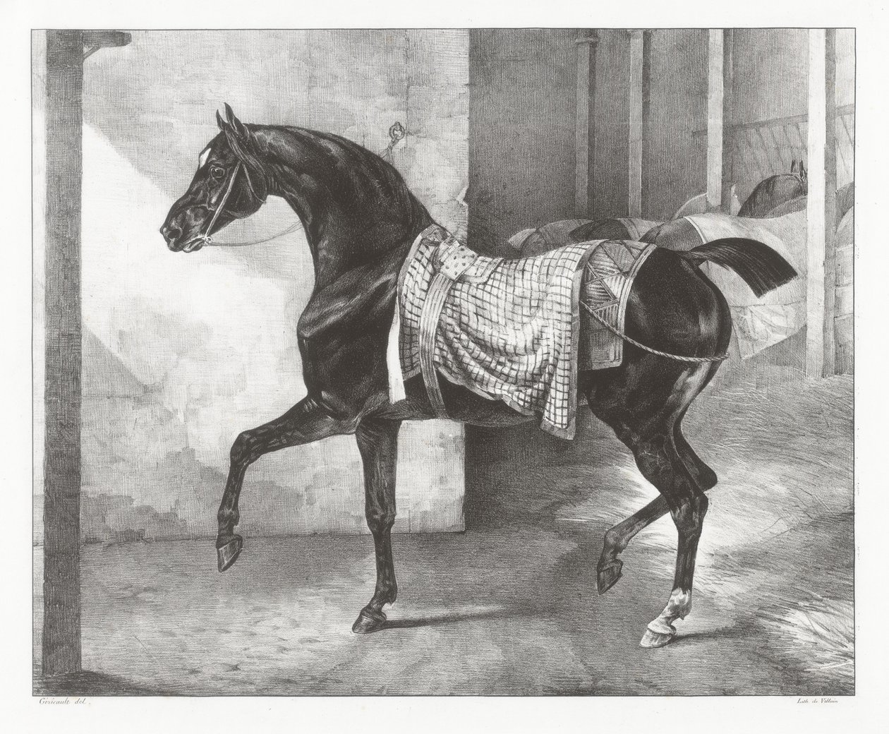 En svart häst bunden i ett stall (A Black Horse Tethered in a Stable) av Theodore Gericault