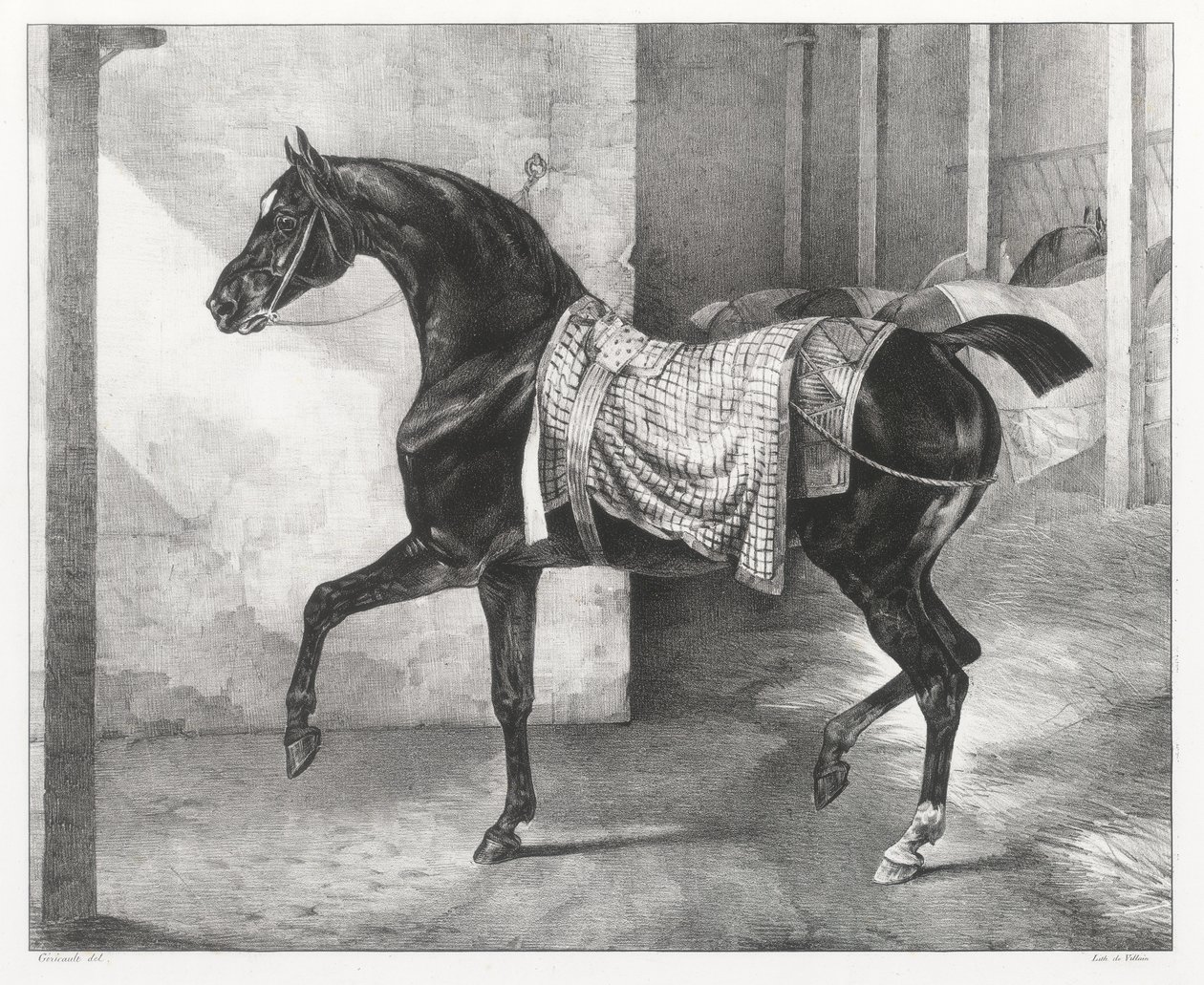 En svart häst bunden i ett stall (A Black Horse Tethered in a Stable) av Theodore Gericault