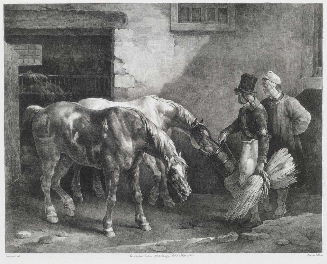 Två posthästar vid en stallport (Two Post-Horses at a Stable Door) av Theodore Gericault