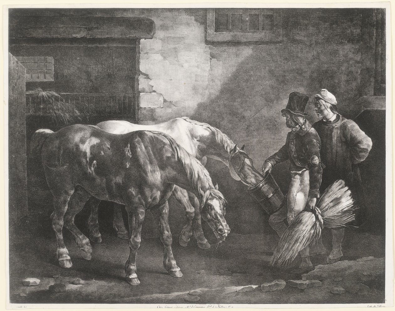 Två posthästar vid en stallport (Two Post-Horses at a Stable Door) av Theodore Gericault