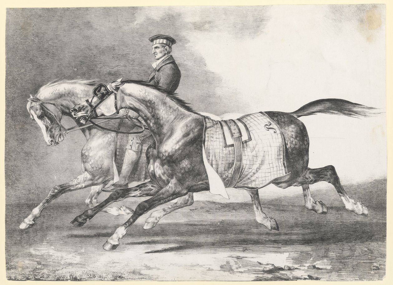 Två gråspräckliga hästar som rastas (Two Dapple-Grays Being Exercised) av Theodore Gericault