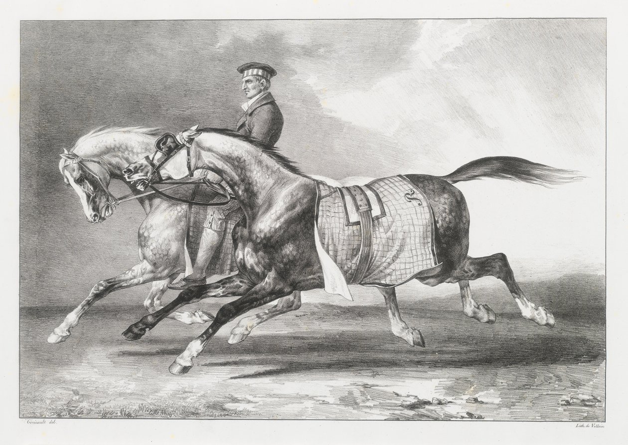 Två gråspräckliga hästar som rastas (Two Dapple-Grays Being Exercised) av Theodore Gericault